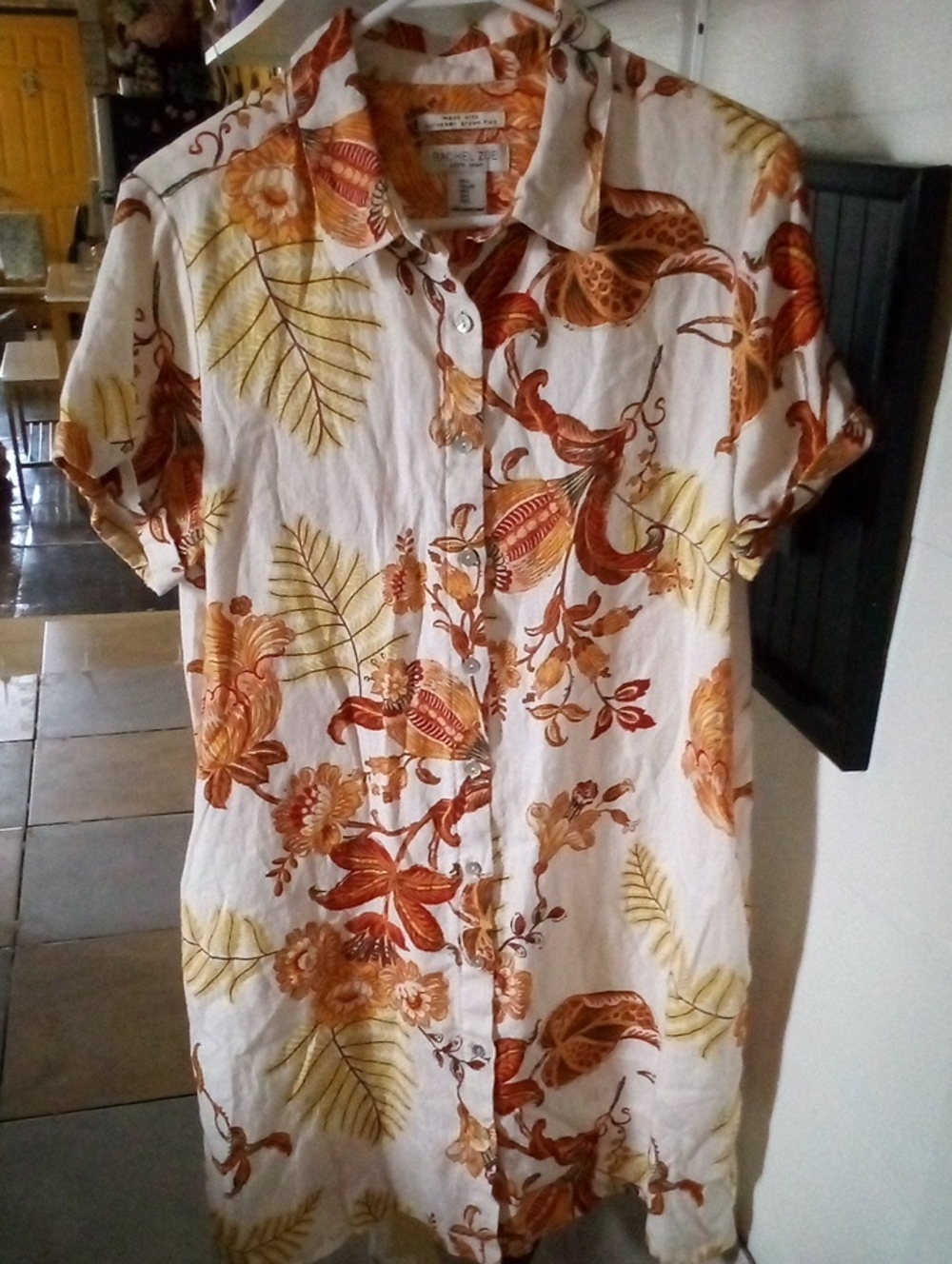 Womens Short-Sleeve Floral Button-Up Dress 100% Linen European Grown Flax